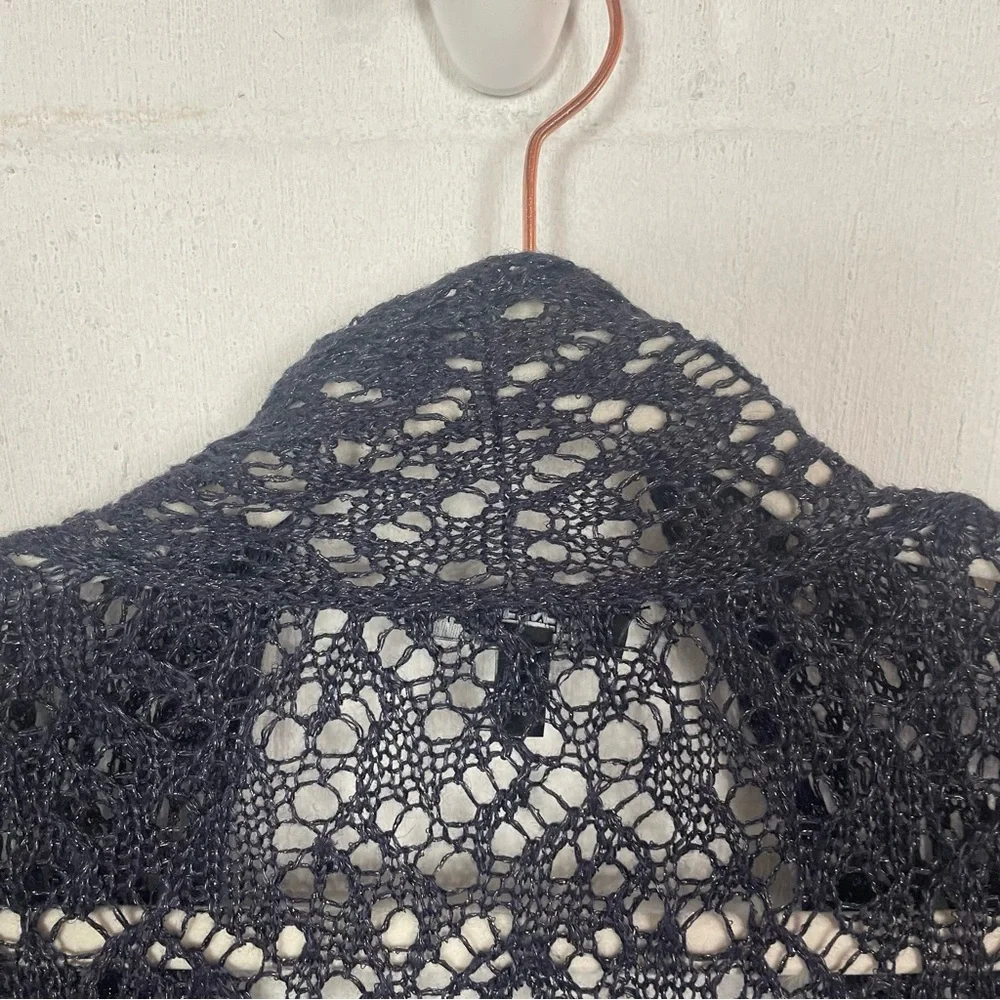 Eileen Fisher Open Front Crochet Cardigan‎ Linen Blend Blue Metallic Bohemian M - Picture 8 of 14